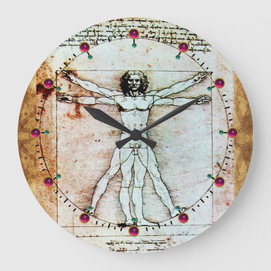 VITRUVIAN MAN Antiek Parchment Red Ruby Gemstenen Grote Klok (Voorkant)