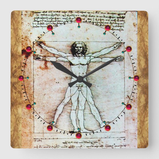 VITRUVIAN MAN Antiek Parchment Red Ruby Gemstenen Vierkante Klok (Voorkant)