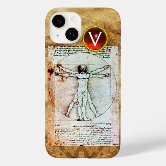 VITRUVIAN MAN Antiek Parchment Red Ruby Monogram Case-Mate iPhone Case (Achterkant)