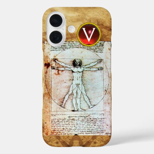 VITRUVIAN MAN Antiek Parchment Red Ruby Monogram Case-Mate iPhone Case (Achterkant)
