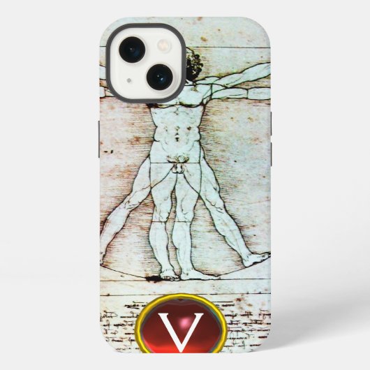 VITRUVIAN MAN Antiek perkament Rode Robijn Monogra iPhone Hoesje (Achterkant)