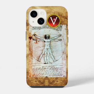 VITRUVIAN MAN Antiek perkament Rode Robijn Monogra iPhone 14 Hoesje