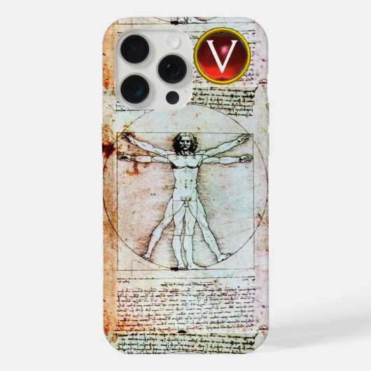 VITRUVIAN MAN Antiek perkament Rode Robijn Monogra iPhone Hoesje (Achterkant)