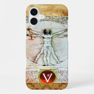 VITRUVIAN MAN Antiek perkament Rode Robijn Monogra iPhone 16 Plus Hoesje