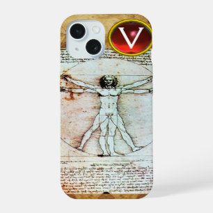 VITRUVIAN MAN Antiek perkament Rood Robijn Monogra iPhone 15 Hoesje