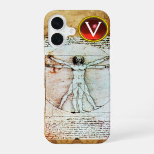 VITRUVIAN MAN Antiek perkament Rood Robijn Monogra iPhone 16 Hoesje