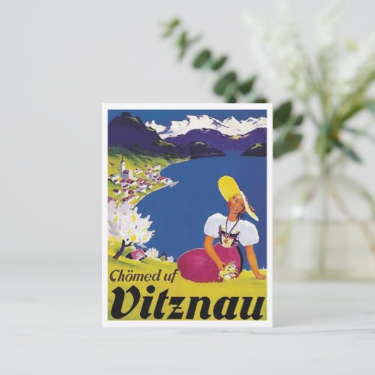 Vitznau, Lucerne, Zwitserland, vrouw op de heuvel Briefkaart (Staand voorkant)