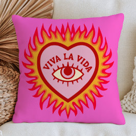 Viva La Vida Evil Eye Hart in Vlammen Roze Kussen