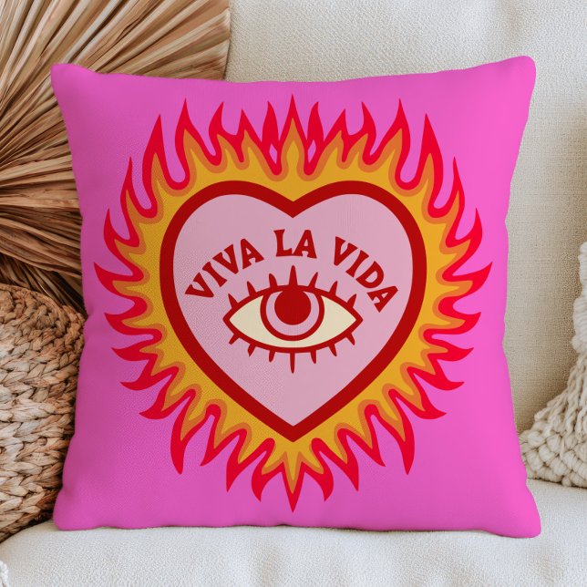 Viva La Vida Evil Eye Hart in Vlammen Roze Kussen (Creator heeft geüpload)