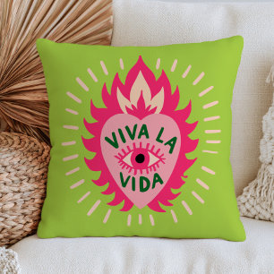 Viva La Vida Roze Boze Oog Hart in Vlammen Groen  Kussen