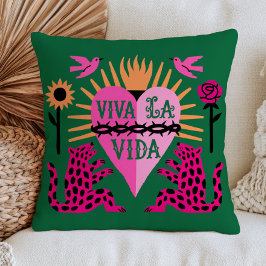 Viva La Vida Roze Hart Op Smaragdgroene Folk Art Kussen