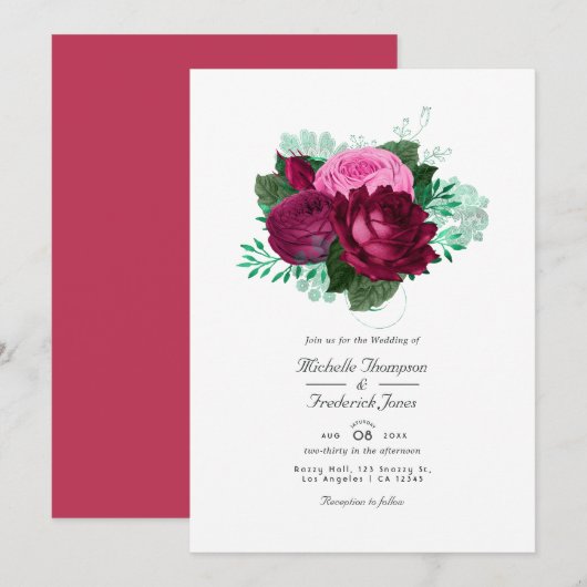Viva Magenta Bloemen Bruiloft Uitnodiging (Voorkant / Achterkant)