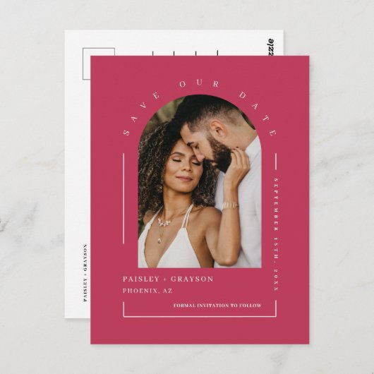 Viva Magenta Boho Arch Photo QR Code Save our Date Briefkaart (Voorkant / Achterkant)