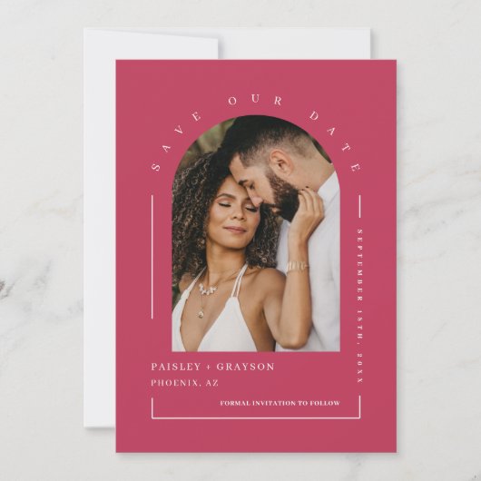Viva Magenta Boho Arch Photo QR Code Save our Date Kaart (Voorkant)
