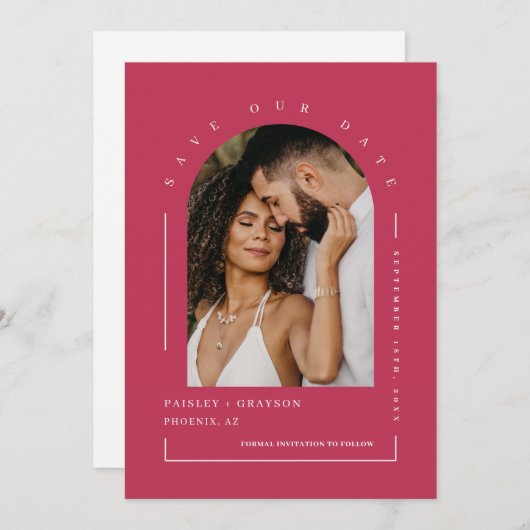 Viva Magenta Boho Arch Photo QR Code Save our Date Kaart (Voorkant / Achterkant)