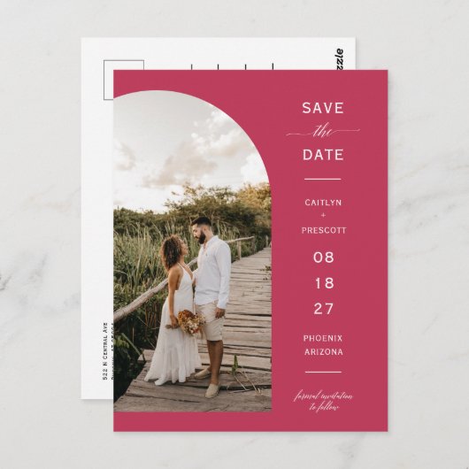 Viva Magenta Boho Arch Photo QR Code Save the Date Briefkaart (Voorkant / Achterkant)
