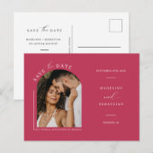 Viva Magenta Boho Arch Photo QR Code Save the Date Briefkaart (Voorkant / Achterkant)