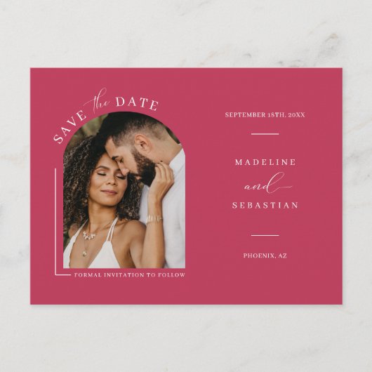 Viva Magenta Boho Arch Photo QR Code Save the Date Briefkaart (Voorkant)