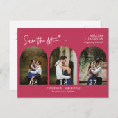 Viva Magenta Boho Arch Photo QR Code Save the Date Briefkaart (Voorkant / Achterkant)