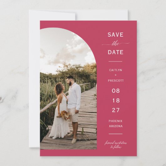 Viva Magenta Boho Arch Photo QR Code Save the Date Kaart (Voorkant)