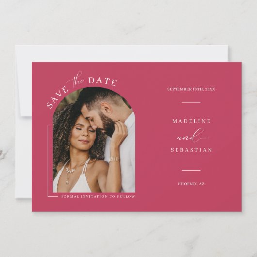 Viva Magenta Boho Arch Photo QR Code Save the Date Kaart (Voorkant)