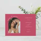 Viva Magenta Boho Arch Photo QR Code Save the Date Kaart (Staand voorkant)
