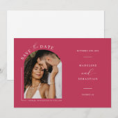 Viva Magenta Boho Arch Photo QR Code Save the Date Kaart (Voorkant / Achterkant)