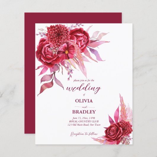 Viva magenta burgundy rozen budget nodigt u uit (Voorkant / Achterkant)