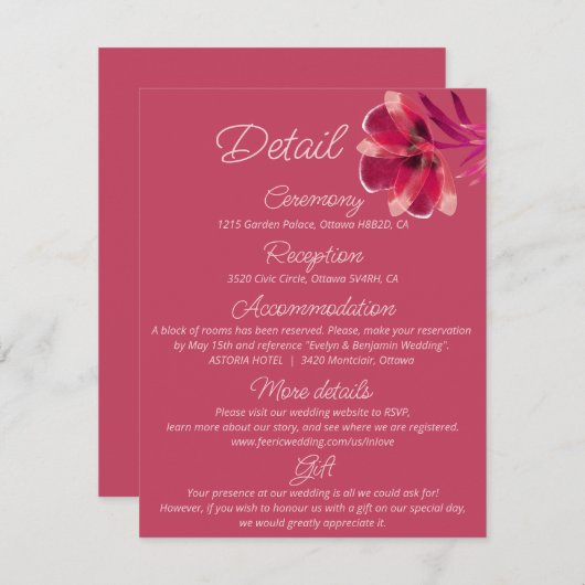 Viva Magenta, details van de Floral bruiloft Informatiekaartje (Voorkant / Achterkant)