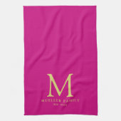 Viva Magenta Effen Kleur Goud Monogram Familienaam Theedoek (Verticaal)