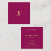 Viva Magenta Elegant Gold Monogram Sjabloon Modern Vierkante Visitekaartje (Voorkant / Achterkant)