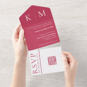 Viva Magenta en White-Monogram-Modern-Bruiloft- All In One Uitnodiging