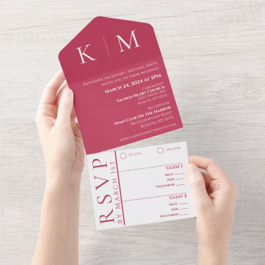 Viva Magenta en White-Monogram-Wedding- All In One Uitnodiging (Afscheurbaar)