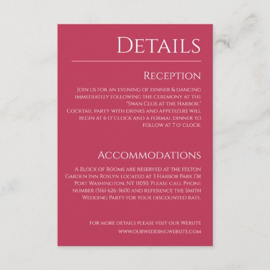 Viva Magenta en wit-Huwelijksdetails- Informatiekaartje (Voorkant)