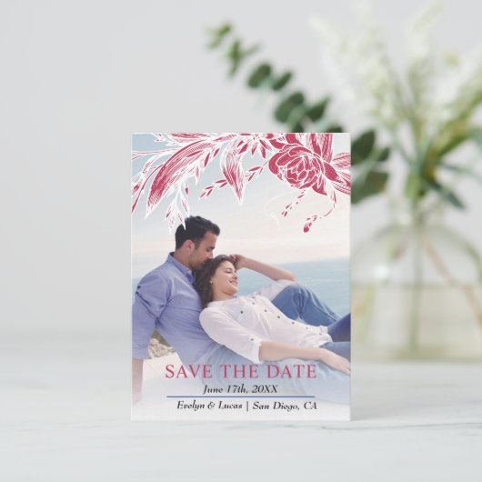 Viva magenta en witte bloemen foto Save the Date Briefkaart (Staand voorkant)