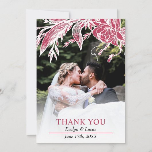 Viva magenta en witte bloemen trouwfoto bedankkaart (Voorkant)