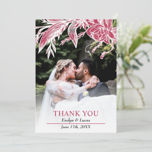 Viva magenta en witte bloemen trouwfoto bedankkaart (Staand voorkant)