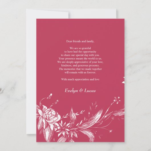 Viva magenta en witte bloemen trouwfoto bedankkaart (Achterkant)