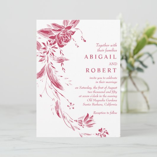 Viva magenta en witte bloemenslinger bruiloft kaart (Staand voorkant)