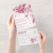 Viva magenta en witte lijn kunst bloemen bruiloft all in one uitnodiging (Afscheurbaar)