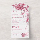 Viva magenta en witte lijn kunst bloemen bruiloft all in one uitnodiging (Binnen)