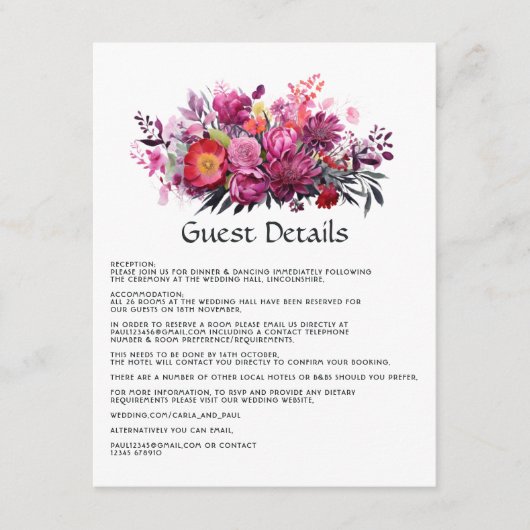 Viva Magenta Floral bruiloft gastgegevens Informatiekaartje (Voorkant)