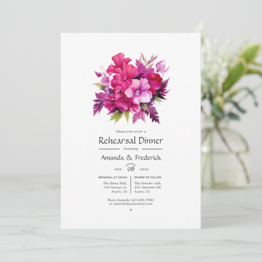 Viva Magenta Floral bruiloft repetitie diner Kaart (Staand voorkant)