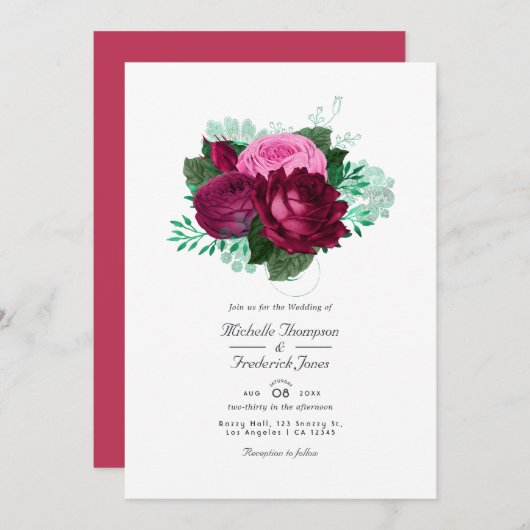 Viva Magenta Floral Wedding Uitnodiging (Voorkant / Achterkant)