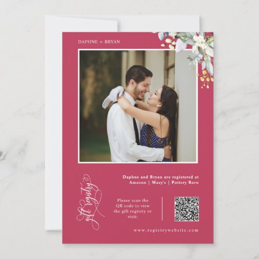 Viva Magenta Greenery Paren Douche QR Code Foto Kaart (Achterkant)