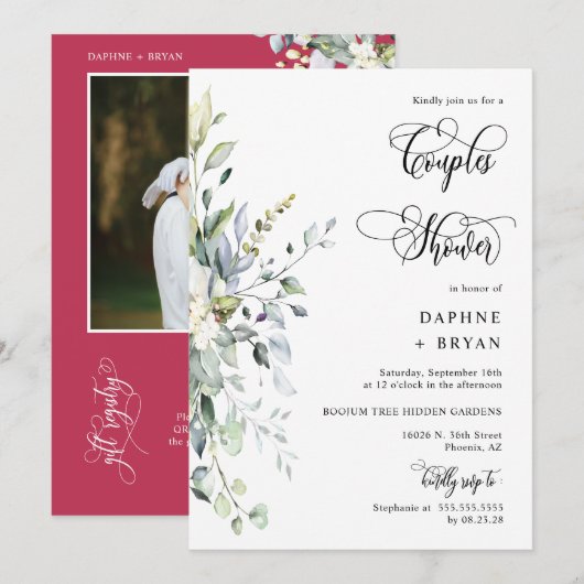 Viva Magenta Greenery Paren Douche QR Code Foto Kaart (Voorkant / Achterkant)