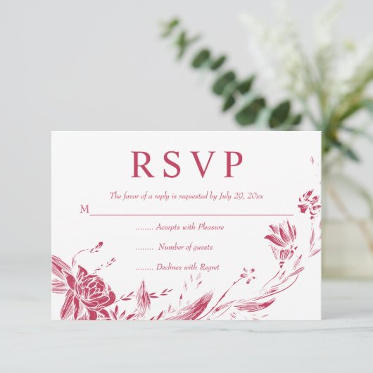 Viva magenta lijn art bloemen typografie floraal RSVP kaartje (Staand voorkant)