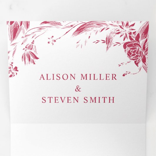 Viva magenta lijn kunst bloemen foto bruiloft drieluik uitnodiging (Binnenzijde eerst)