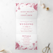 Viva magenta lijn kunst bloemen foto bruiloft drieluik uitnodiging (Binnen)