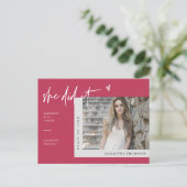 Viva Magenta Minimale Foto Ze maakte het Afstudere Briefkaart (Staand voorkant)